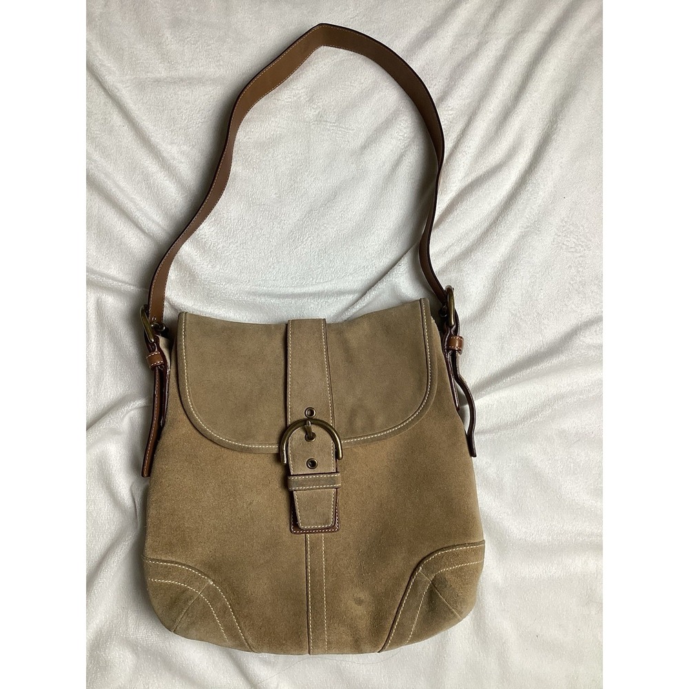 Vintage Coach Soho Shoulder Bag Buckle Flap Leather and Brown Suede